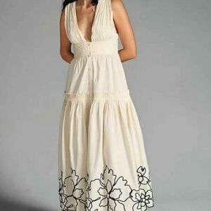 Anthropologie Cream Maxi Dress with Black Floral Hem